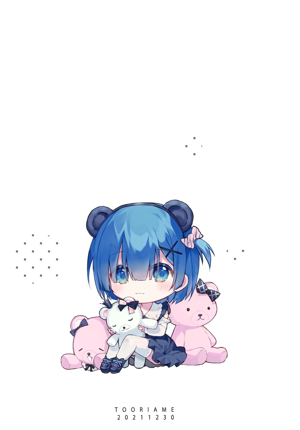 animal_ears, chibi, eikaa, gothic_lolita, lolita_fashion, re:zero_kara_hajimeru_isekai_seikatsu, rem_(re_zero), skirt_lift, thighhighs