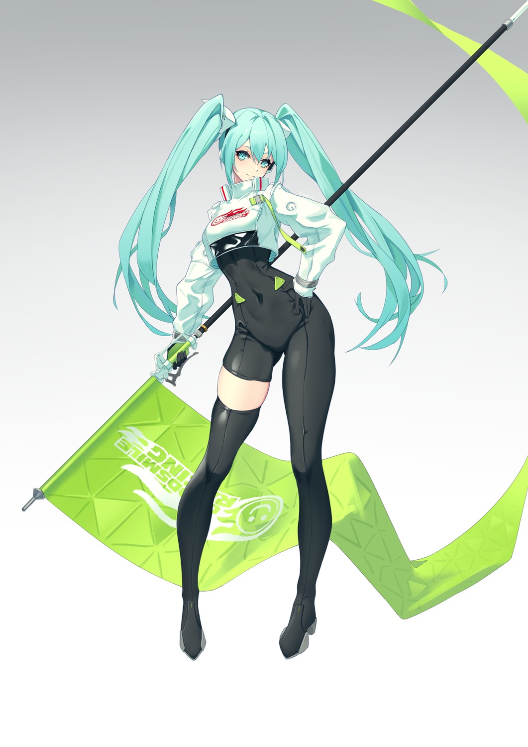 bodysuit, goodsmile_racing, hatsune_miku, headphones, heels, mizuki3000, racing_miku, thighhighs