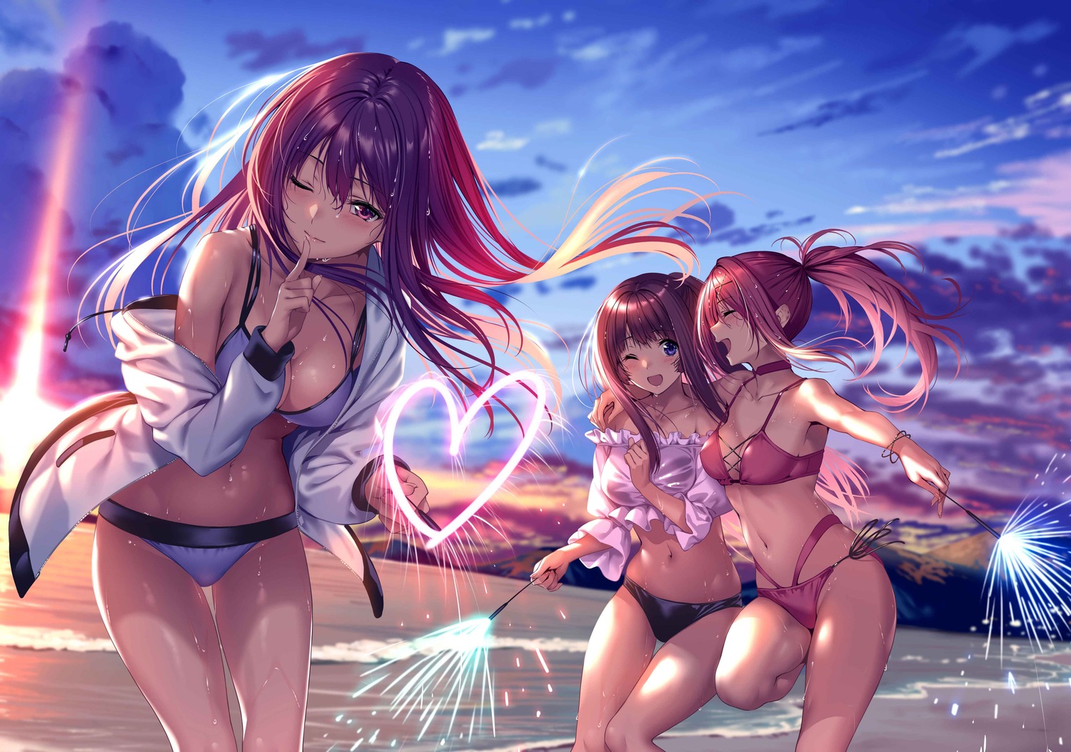 bikini, cleavage, hanikami_kanojo, minazumi_kasane, myouga_satsuki, open_shirt, piromizu, see_through, shizuki_neru, swimsuits