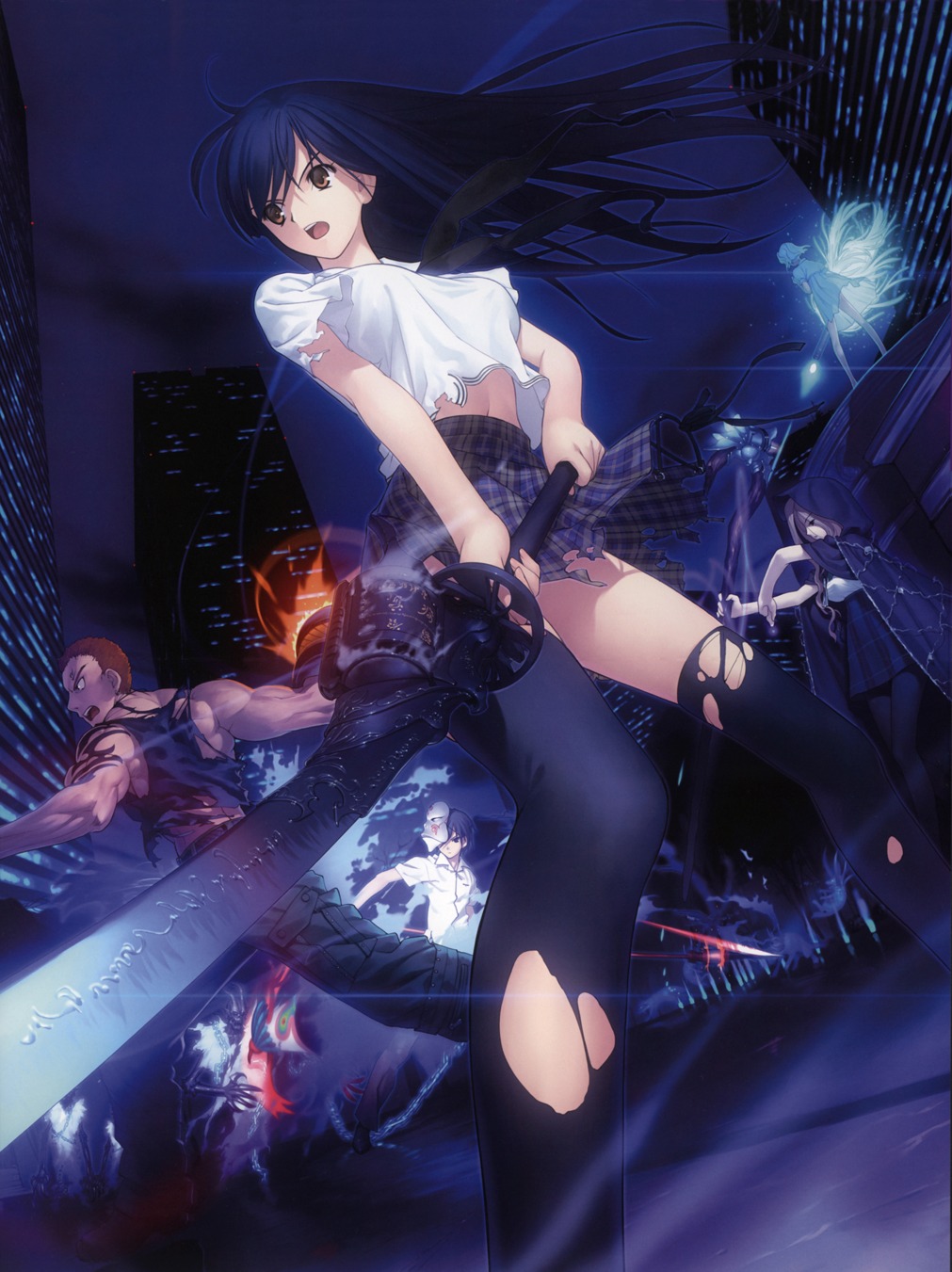 koyama_hirokazu, seifuku, silver_rain, sword, thighhighs, torn_clothes