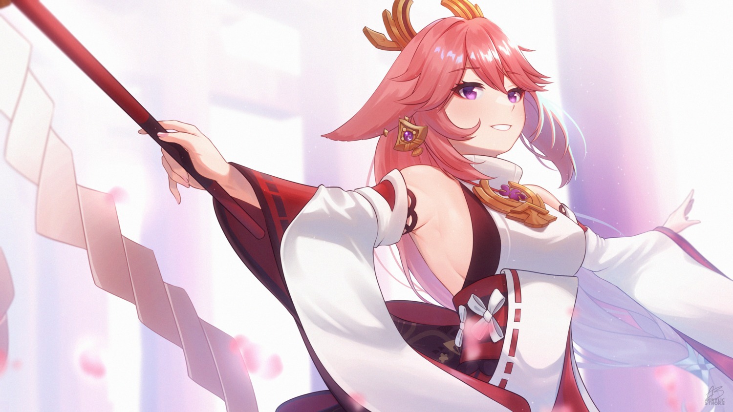acrylicstroke, animal_ears, genshin_impact, miko, no_bra, wallpaper, yae_miko