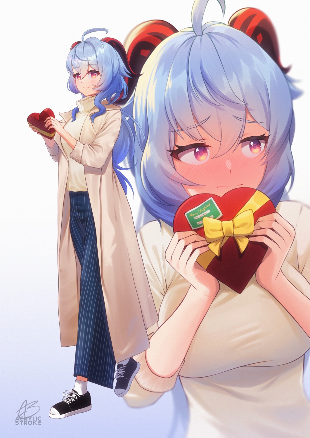 acrylicstroke, christmas, ganyu, genshin_impact, horns, sweater, valentine