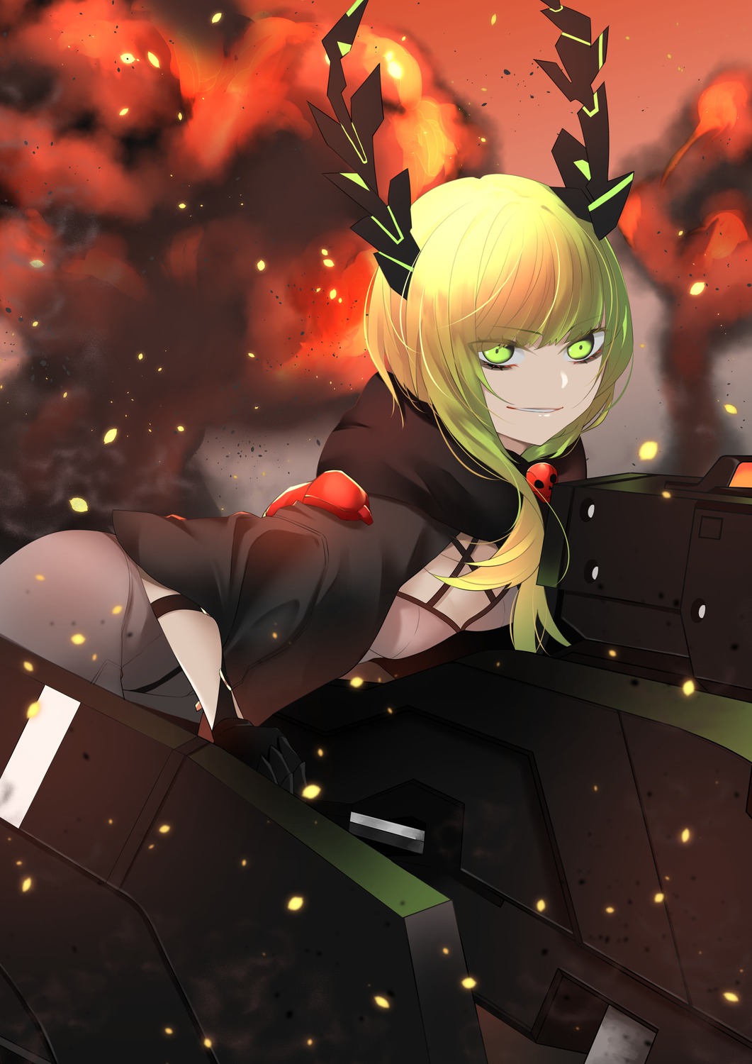 black_rock_shooter, black_rock_shooter_down_fall, bodysuit, butamaru, dead_master, horns, weapon