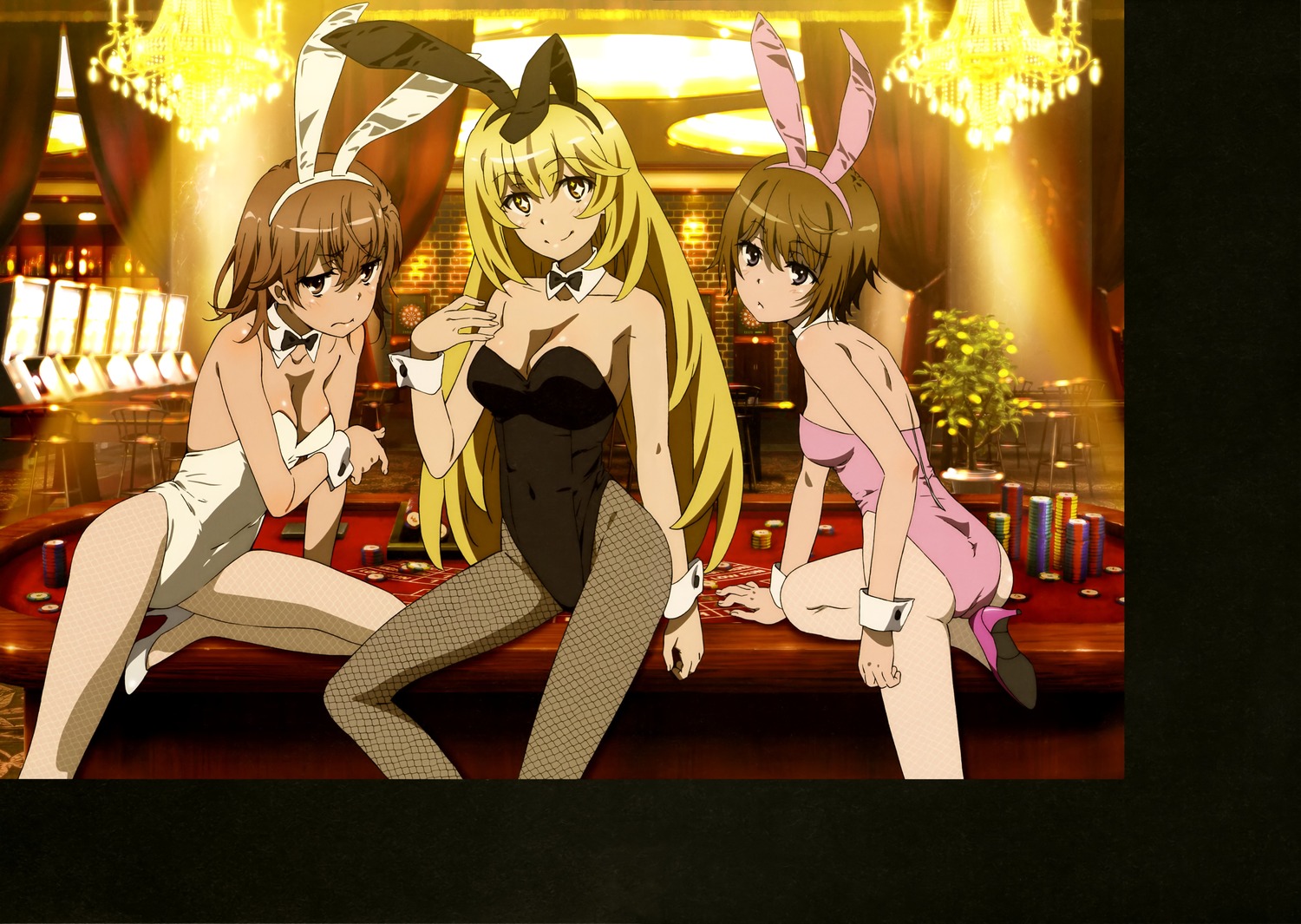 animal_ears, bunny_ears, bunny_girl, fishnets, hiyamizu_yukie, kinuhata_saiai, misaka_mikoto, no_bra
