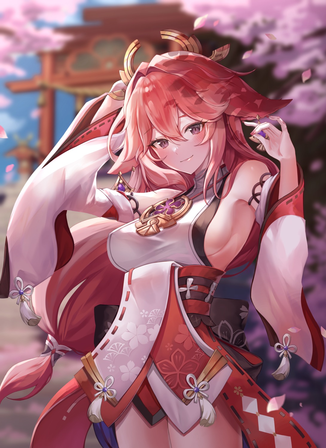 animal_ears, genshin_impact, japanese_clothes, kitsune, no_bra, pengrani, yae_miko