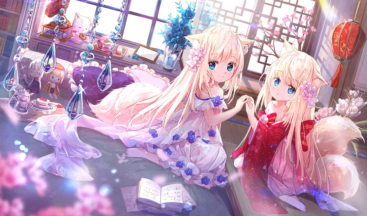 animal_ears, chibi, dress, japanese_clothes, kitsune, peas_(peas0125), tail