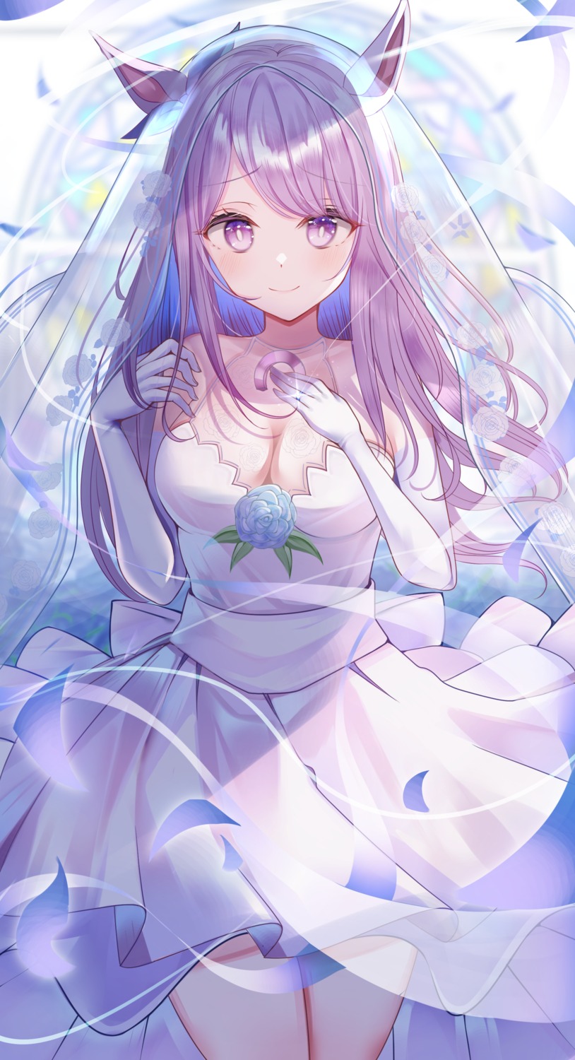 animal_ears, cleavage, dress, kaku_yone, mejiro_mcqueen_(umamusume), no_bra, see_through, uma_musume_pretty_derby, wedding_dress