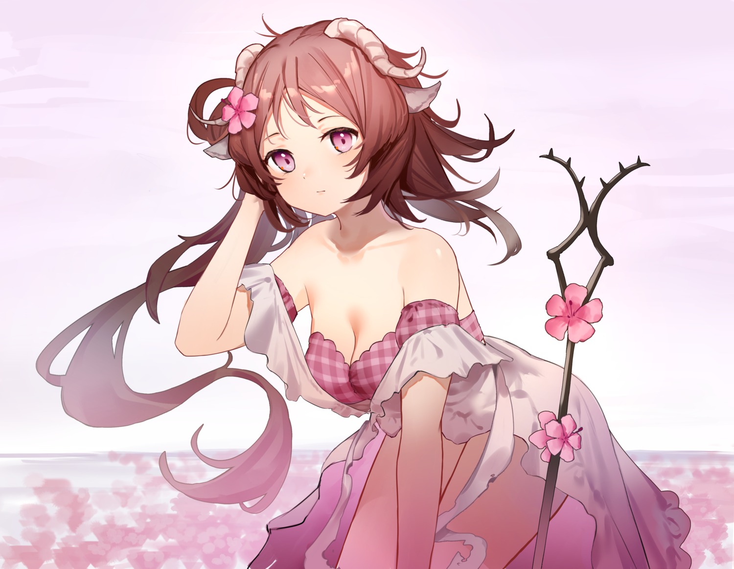 animal_ears, arknights, bikini_top, cleavage, eyjafjalla_(arknights), horns, open_shirt, swimsuits, wazd0183
