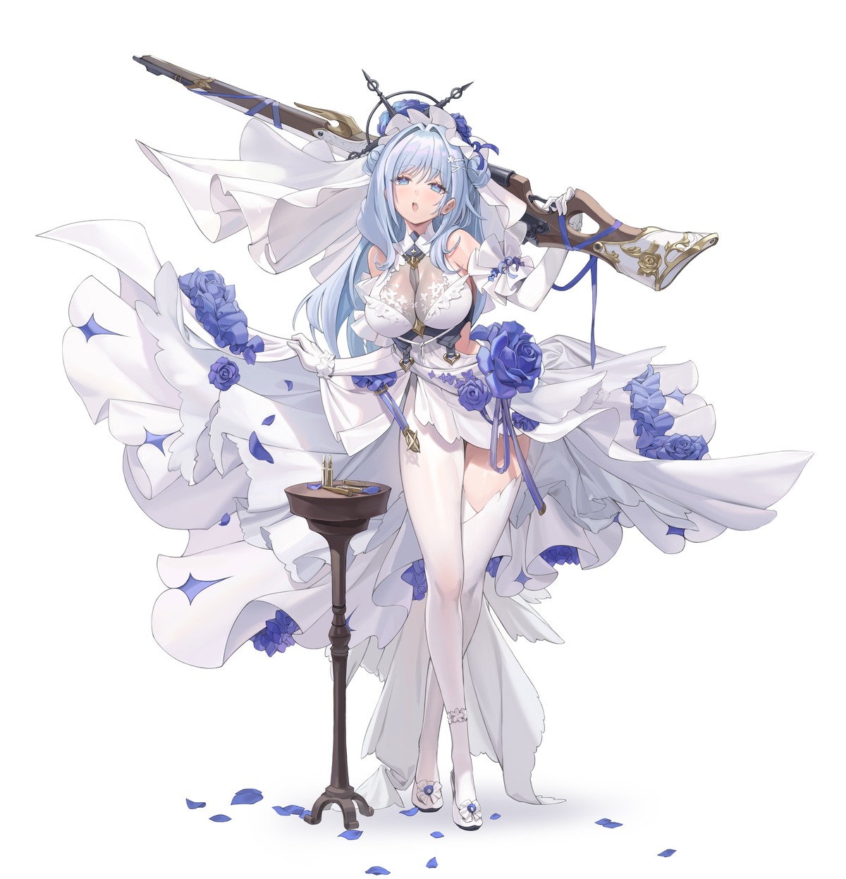 dkxlek, dress, gun, heels, no_bra, see_through, skirt_lift, thighhighs, wedding_dress