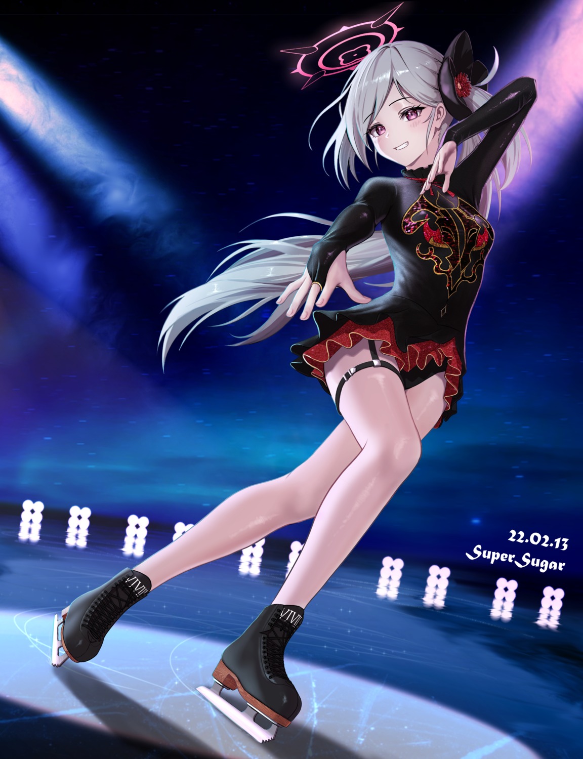 asagi_mutsuki, blue_archive, dress, garter, halo, ice_skating, leotard, supersugar