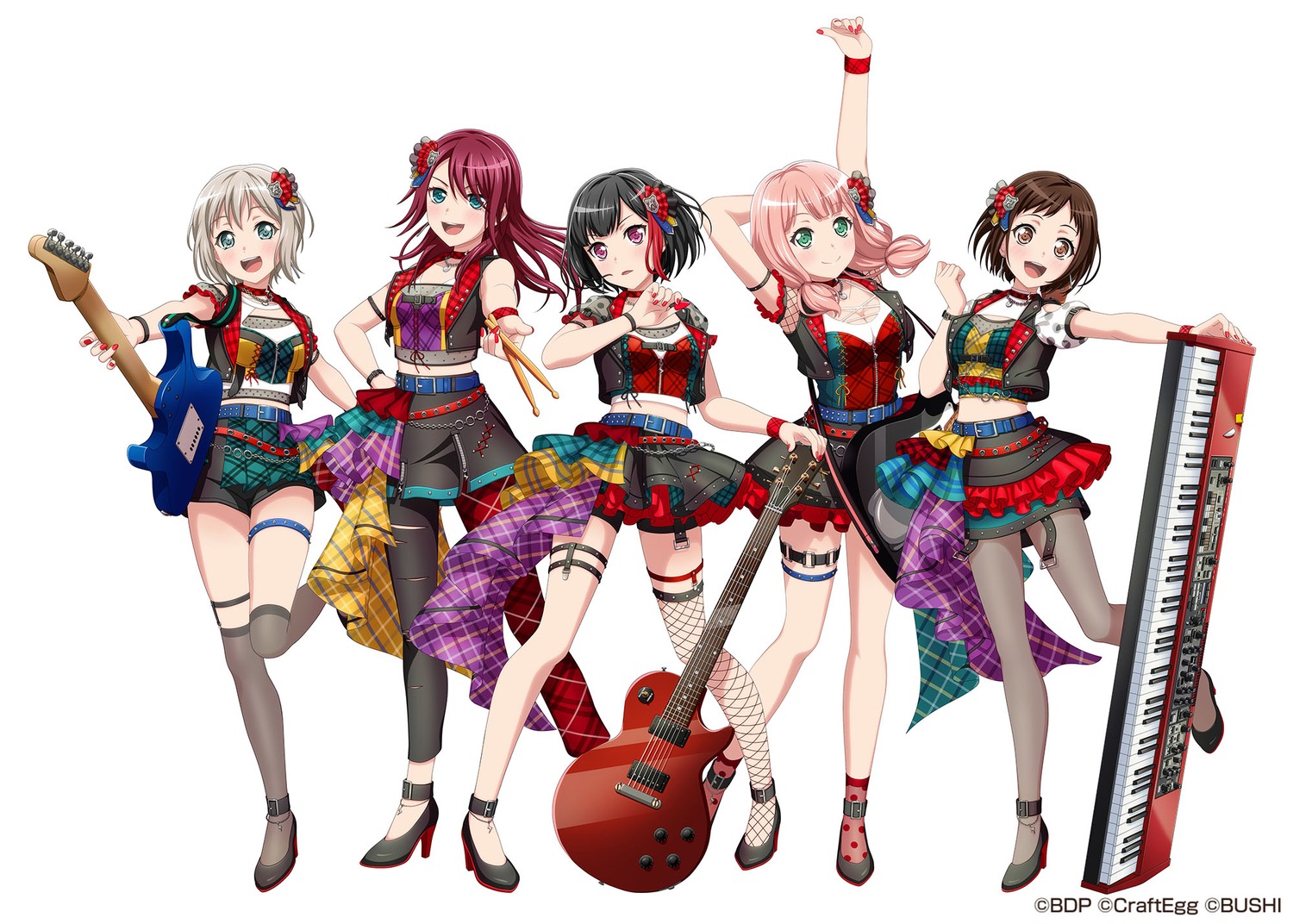 aoba_moca, bang_dream!, cleavage, fishnets, garter, guitar, hazawa_tsugumi, heels