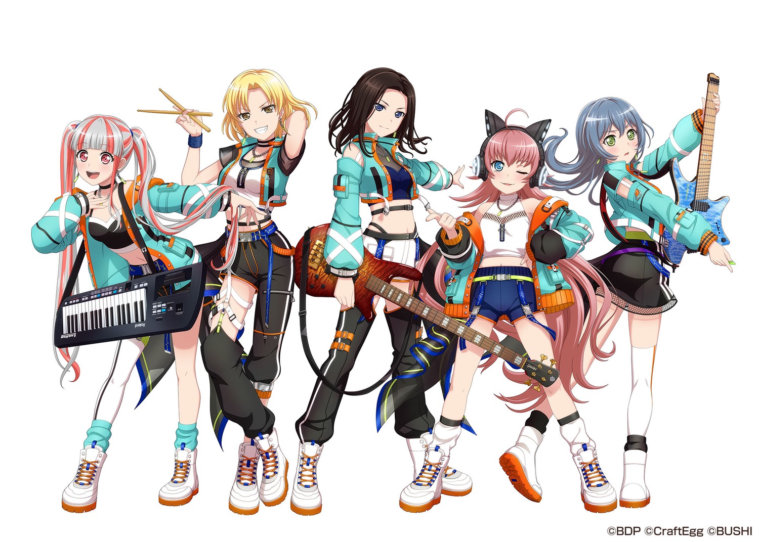 asahi_rokka, bang_dream!, guitar, headphones, nyuubara_reona, satou_masuki, stockings, tagme