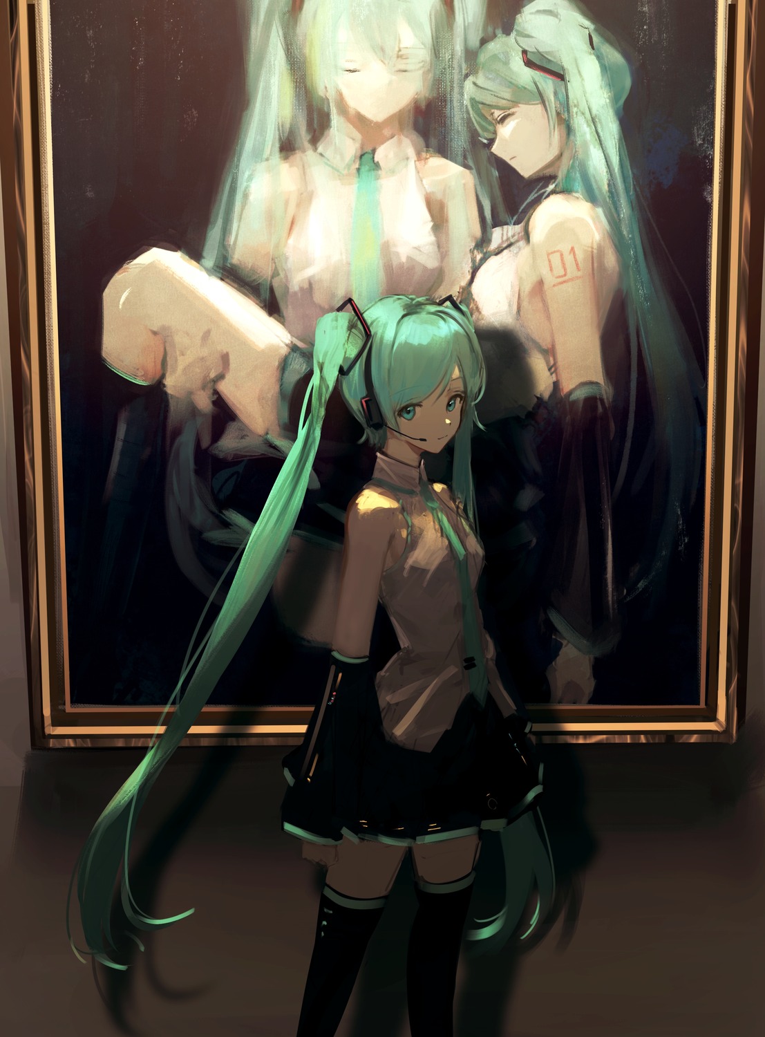 7ife, hatsune_miku, headphones, tattoo, thighhighs, vocaloid