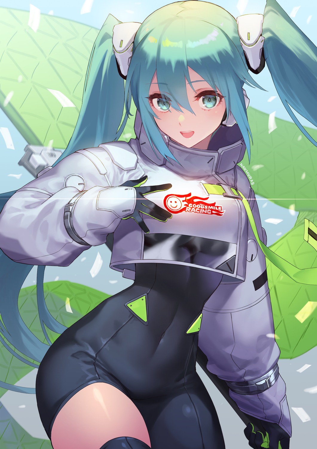 bodysuit, goodsmile_racing, hatsune_miku, headphones, nakamura_eight, racing_miku, vocaloid