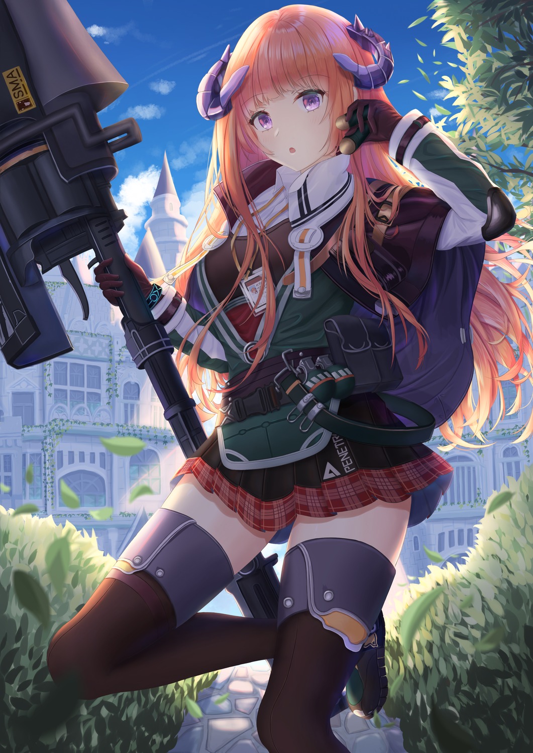 arknights, bagpipe_(arknights), horns, tallon, thighhighs, weapon