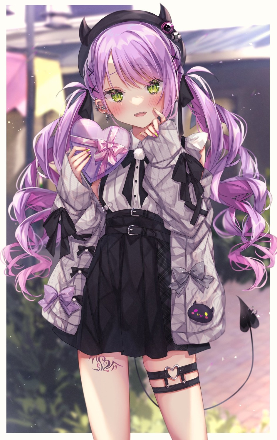 garter, gothic_lolita, hololive, horns, lolita_fashion, sorashima, tail, tattoo