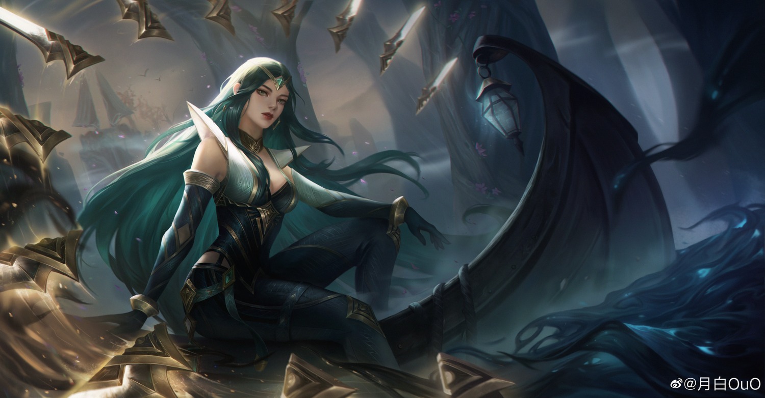 cleavage, irelia_(league_of_legends), league_of_legends, watermark, weapon, yue_bai_ouo