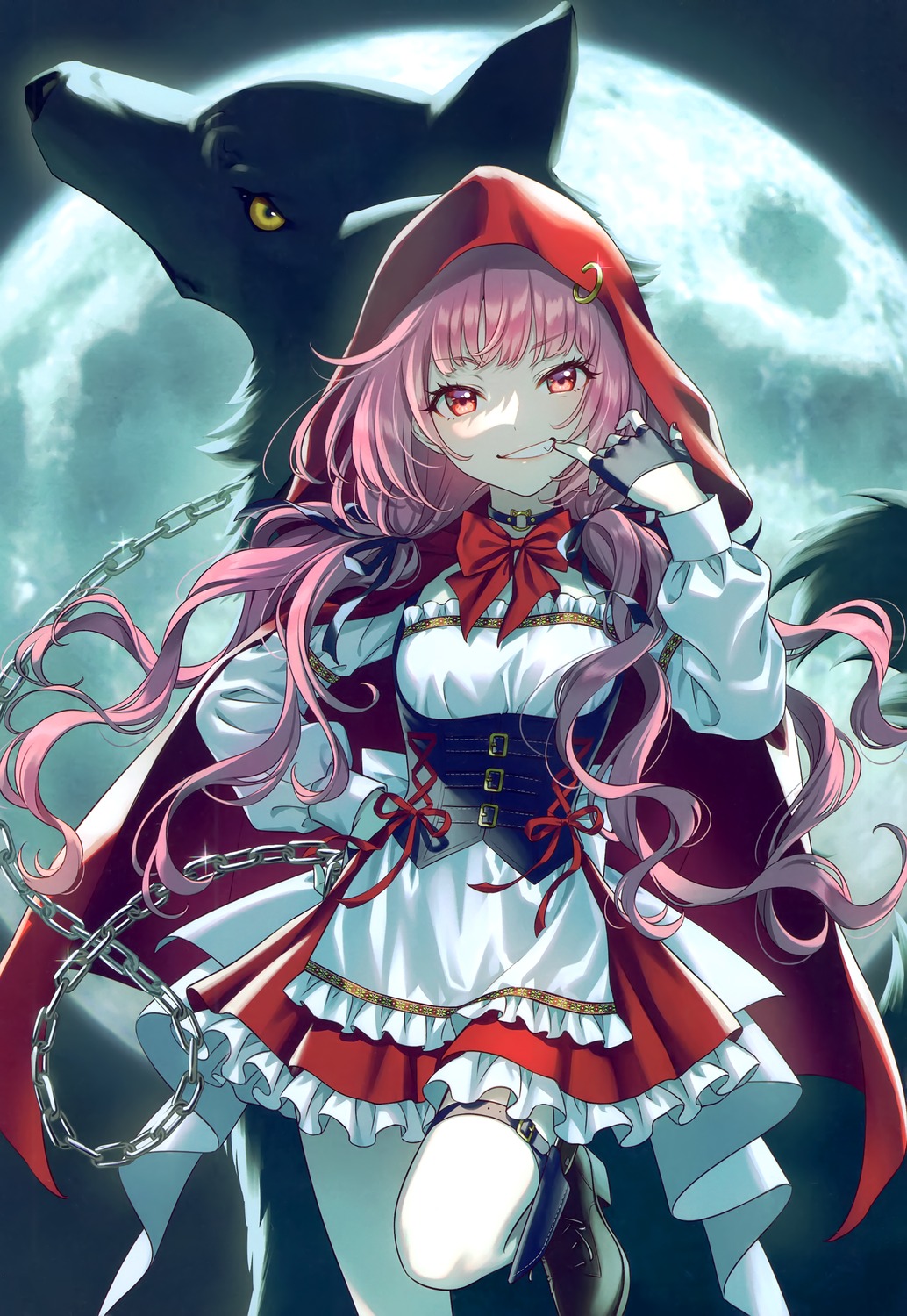 big_bad_wolf, canvas, dress, garter, little_red_riding_hood, little_red_riding_hood_(character), morikura_en, weapon