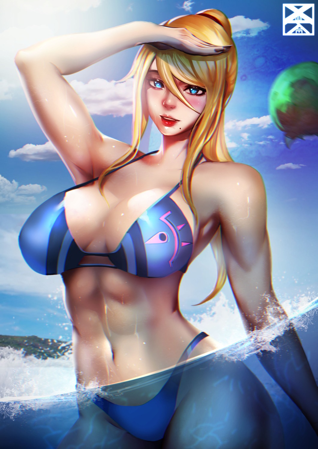 bikini, metroid, samus_aran, swimsuits, wet, xuuikie_ashe
