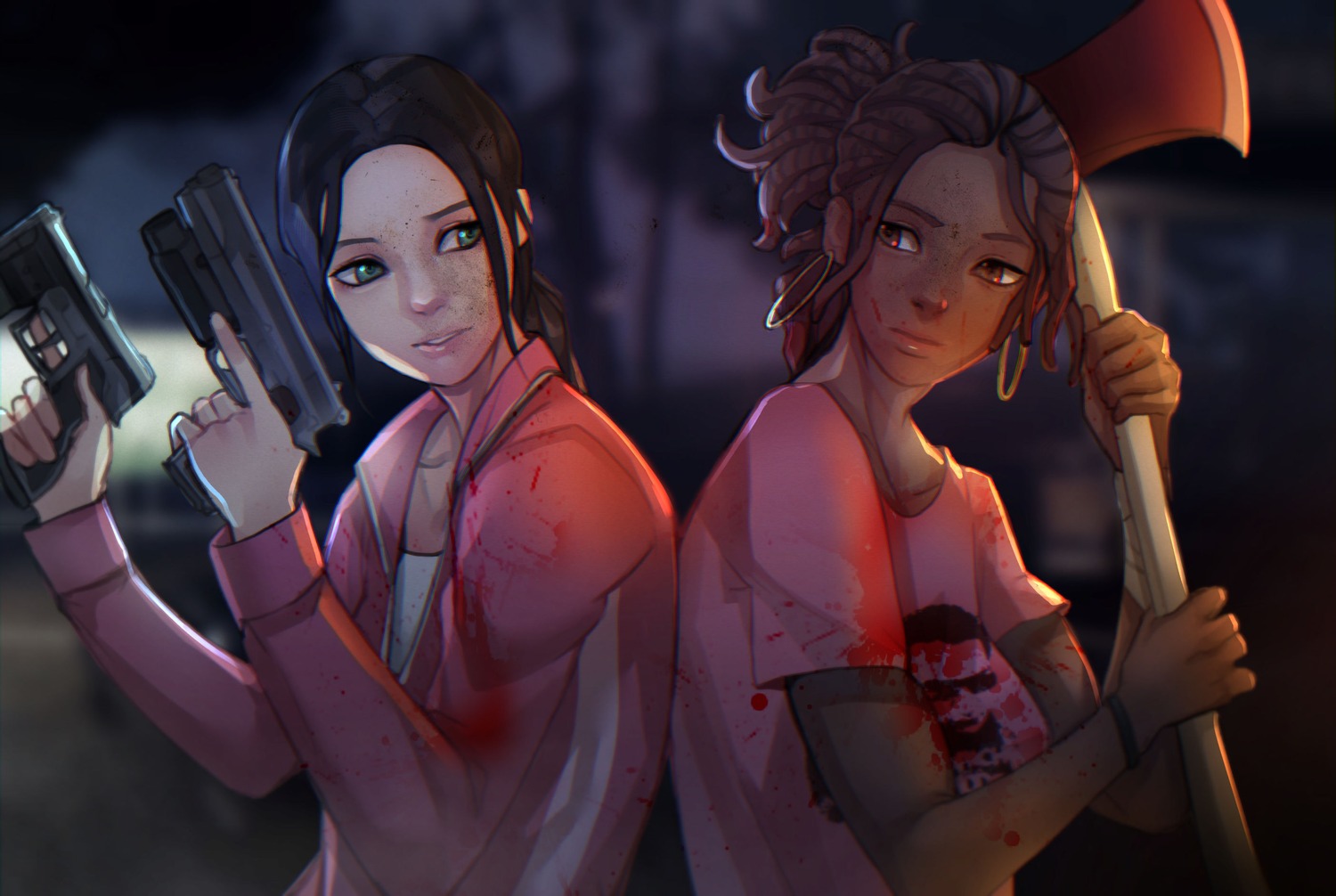 blood, gun, left_4_dead, left_4_dead_2, rochelle, weapon, xuuikie_ashe, zoey_(left_4_dead)