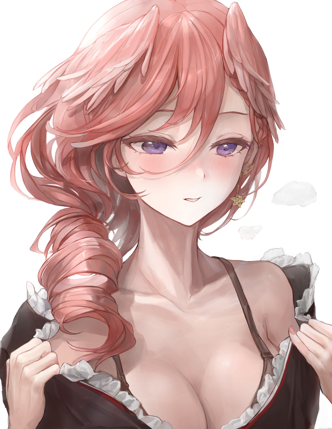 bra, chan1moon, cleavage, hololive, japanese_clothes, open_shirt, takane_lui, undressing, wings