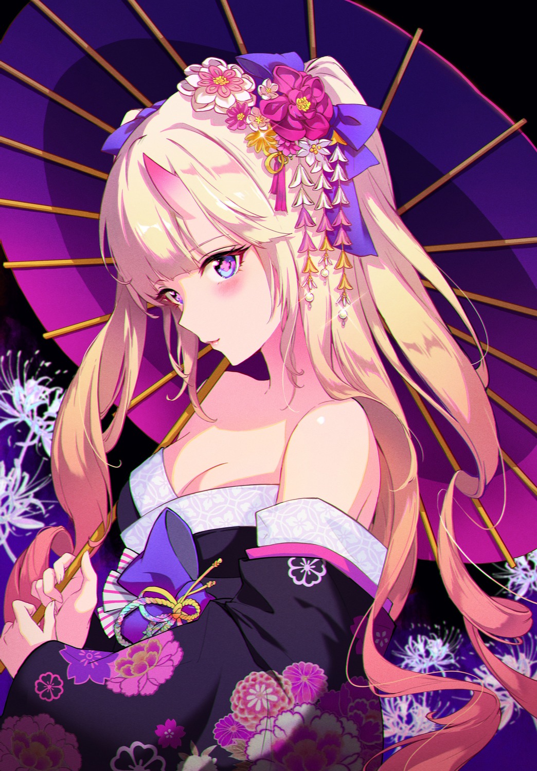 cleavage, horns, japanese_clothes, mingdosa, no_bra, umbrella