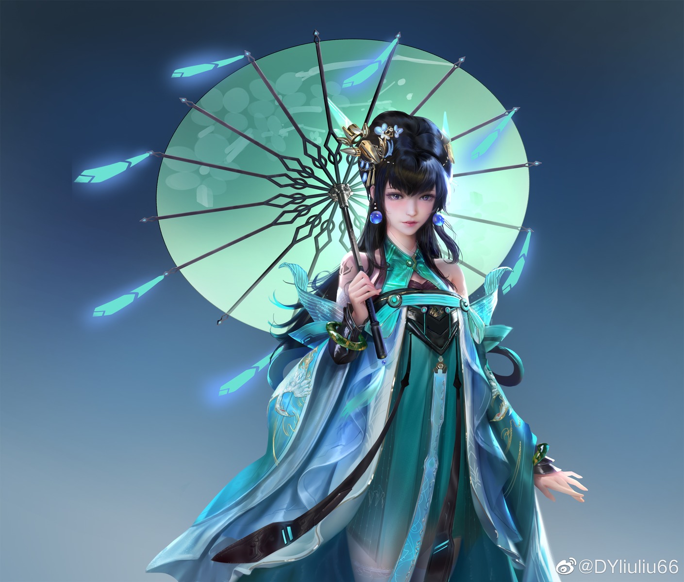 asian_clothes, dy1994, thighhighs, umbrella, watermark, yin_he_zhan_jian