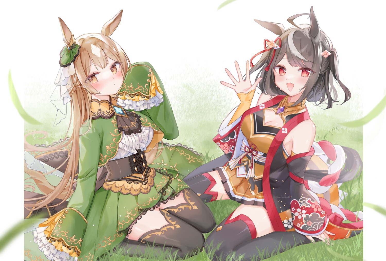 animal_ears, cleavage, japanese_clothes, kitasan_black_(umamusume), moko_(mokochisa), satono_diamond_(umamusume), tail, thighhighs