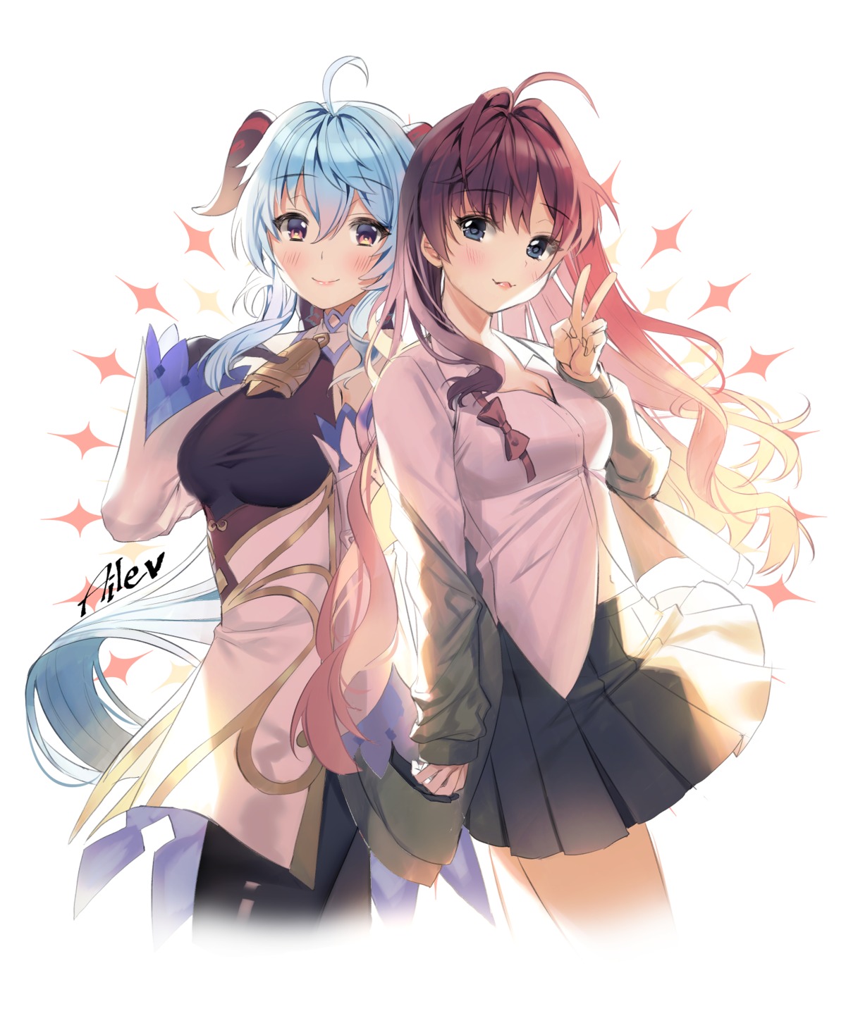 aile_(crossroads), asian_clothes, crossover, ganyu, genshin_impact, horns, ichinose_shiki, seifuku