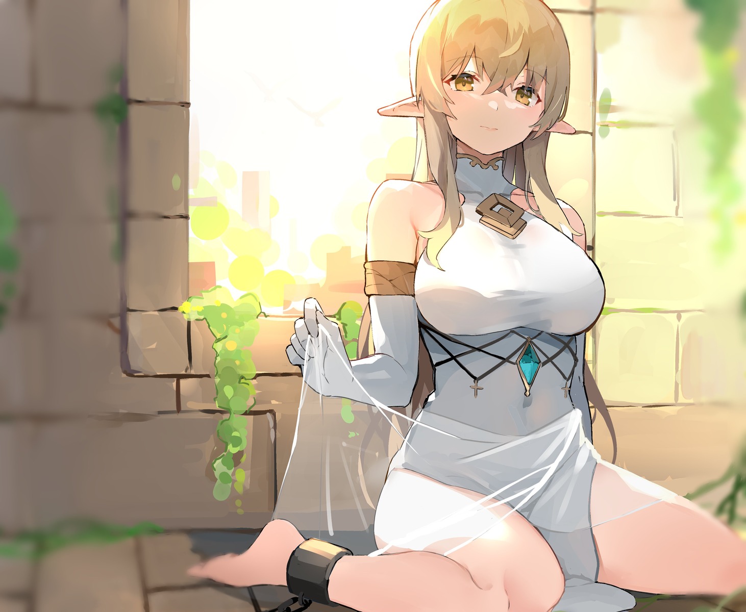 bondage, dress, elf, pointy_ears, ryou_(ponpgo), see_through