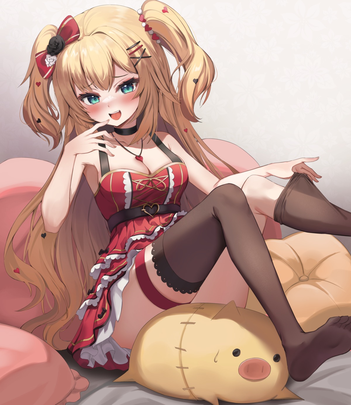 akai_haato, cleavage, dress, garter, hololive, pharamacom, thighhighs