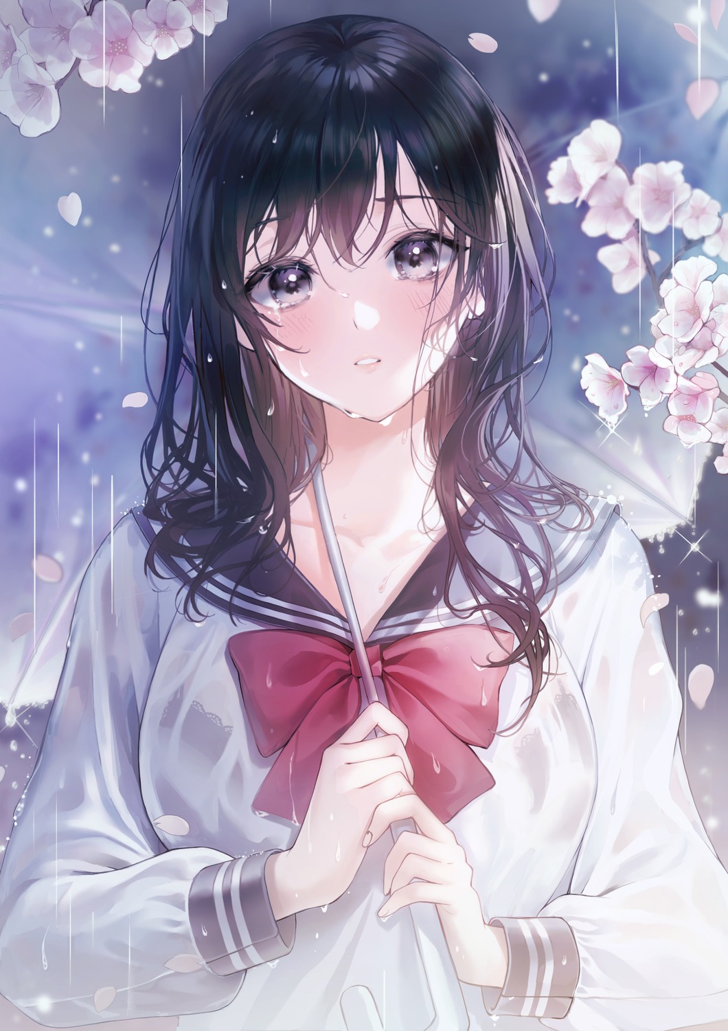 artist_revision, bra, see_through, seifuku, umbrella, wet, wet_clothes, yuna_(deadawon)