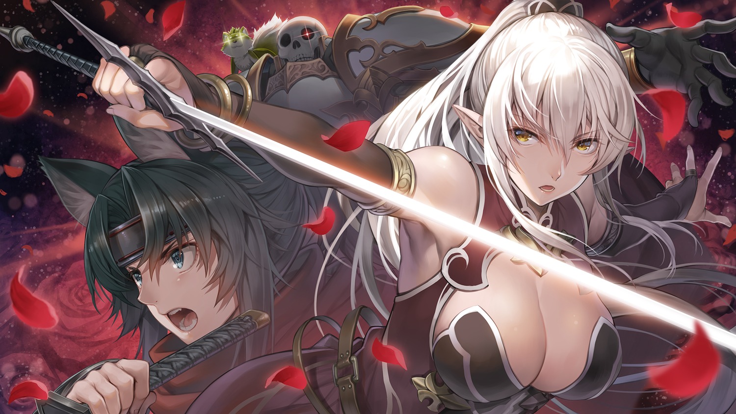 animal_ears, arc_lalatoya, arianna_glenys_lalatoya, armor, chiyome, elf, gaikotsu_kishi-sama_tadaima_isekai_e_odekakechuu, hagure_keg, no_bra, pointy_ears, ponta_(gaikotsu_kishi-sama), sword, wallpaper