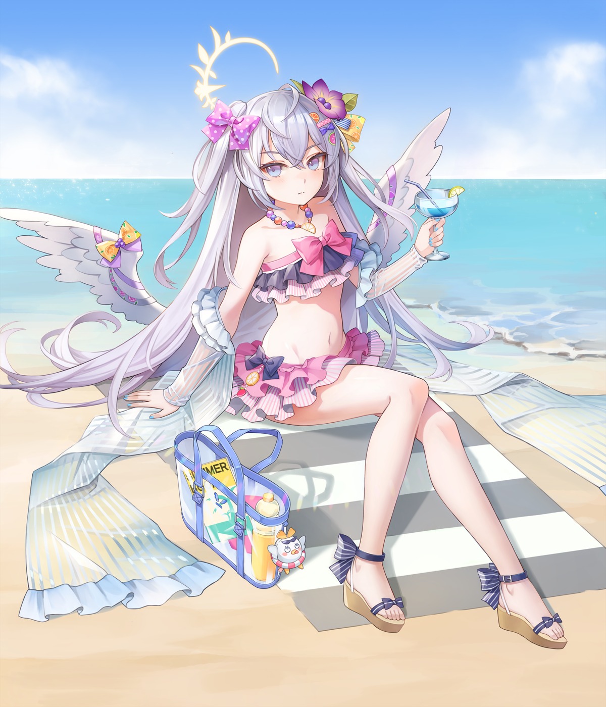 angel, bikini, blue_archive, ludwig_(user_aewg2872), open_shirt, see_through, shirasu_azusa, swimsuits, wings