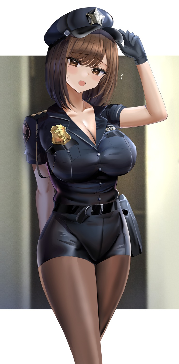 cleavage, hanasaka_houcha, pantyhose, police_uniform
