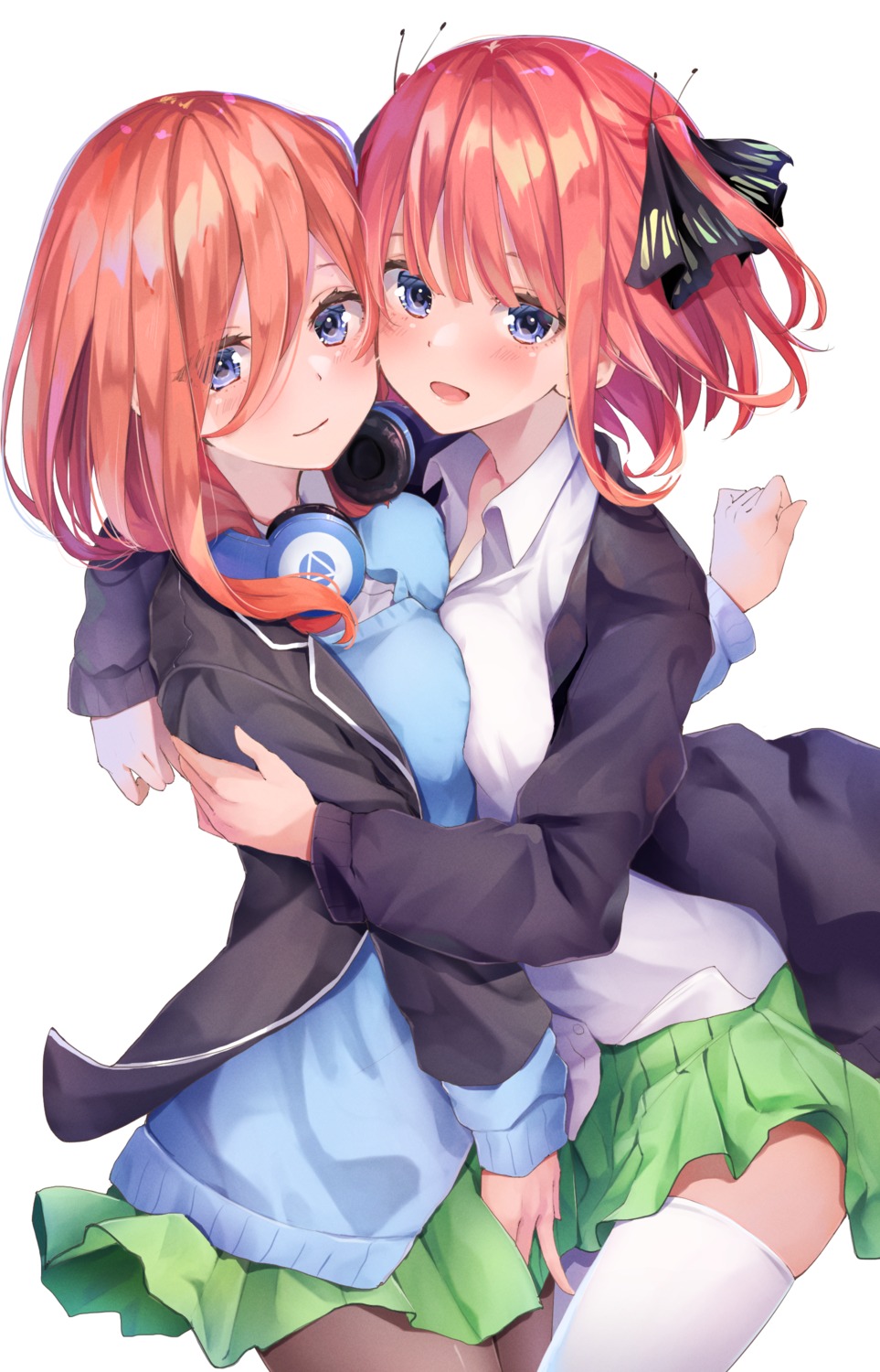 5-toubun_no_hanayome, headphones, nakano_miku, nakano_nino, pantyhose, seifuku, sweater, symmetrical_docking, thighhighs, yuunamida_uyu