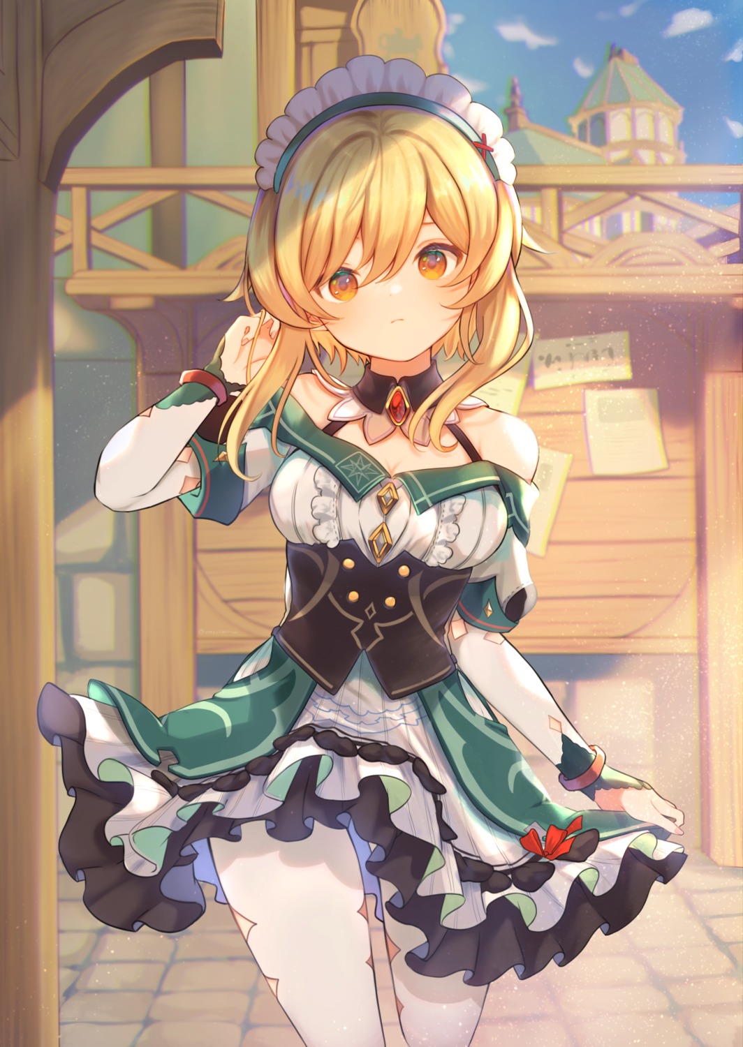 cosplay, genshin_impact, katheryne, lumine, maid, marekamico, pantyhose, skirt_lift