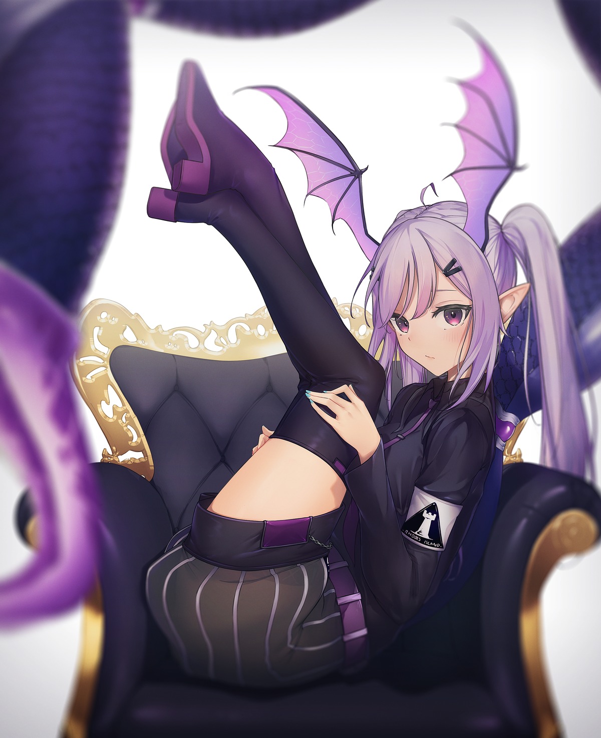 arknights, heels, manticore_(arknights), moobun2, pointy_ears, thighhighs, wings