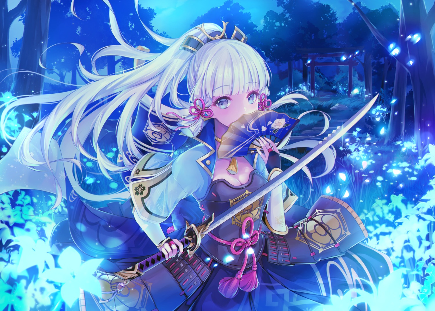armor, cleavage, genshin_impact, japanese_clothes, kamisato_ayaka, nia_(leafunia), sword