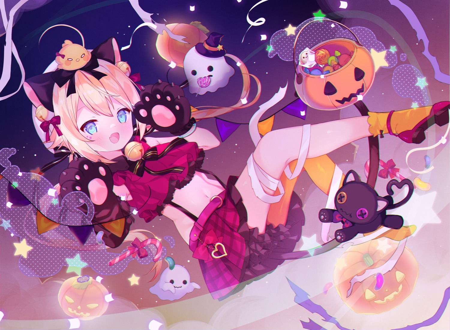 animal_ears, bandages, bloomers, chidori_hina, halloween, harvest_moon_(vtuber), neko, nekomimi, skirt_lift, suzuhara_(szhr_1103), tail