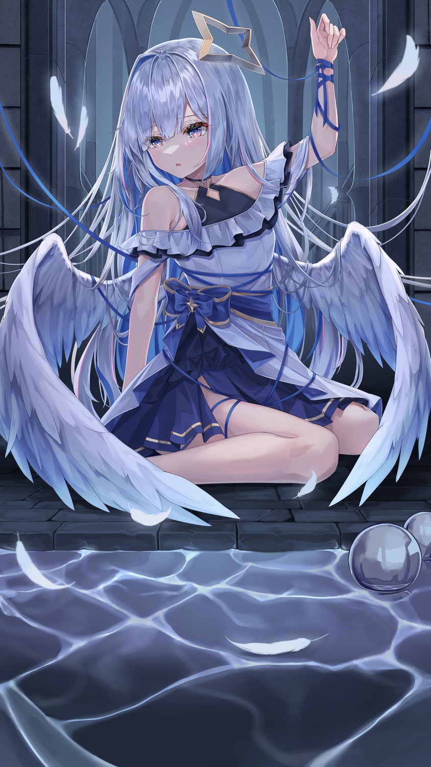 amane_kanata, angel, bondage, dress, hololive, skirt_lift, wet, wings