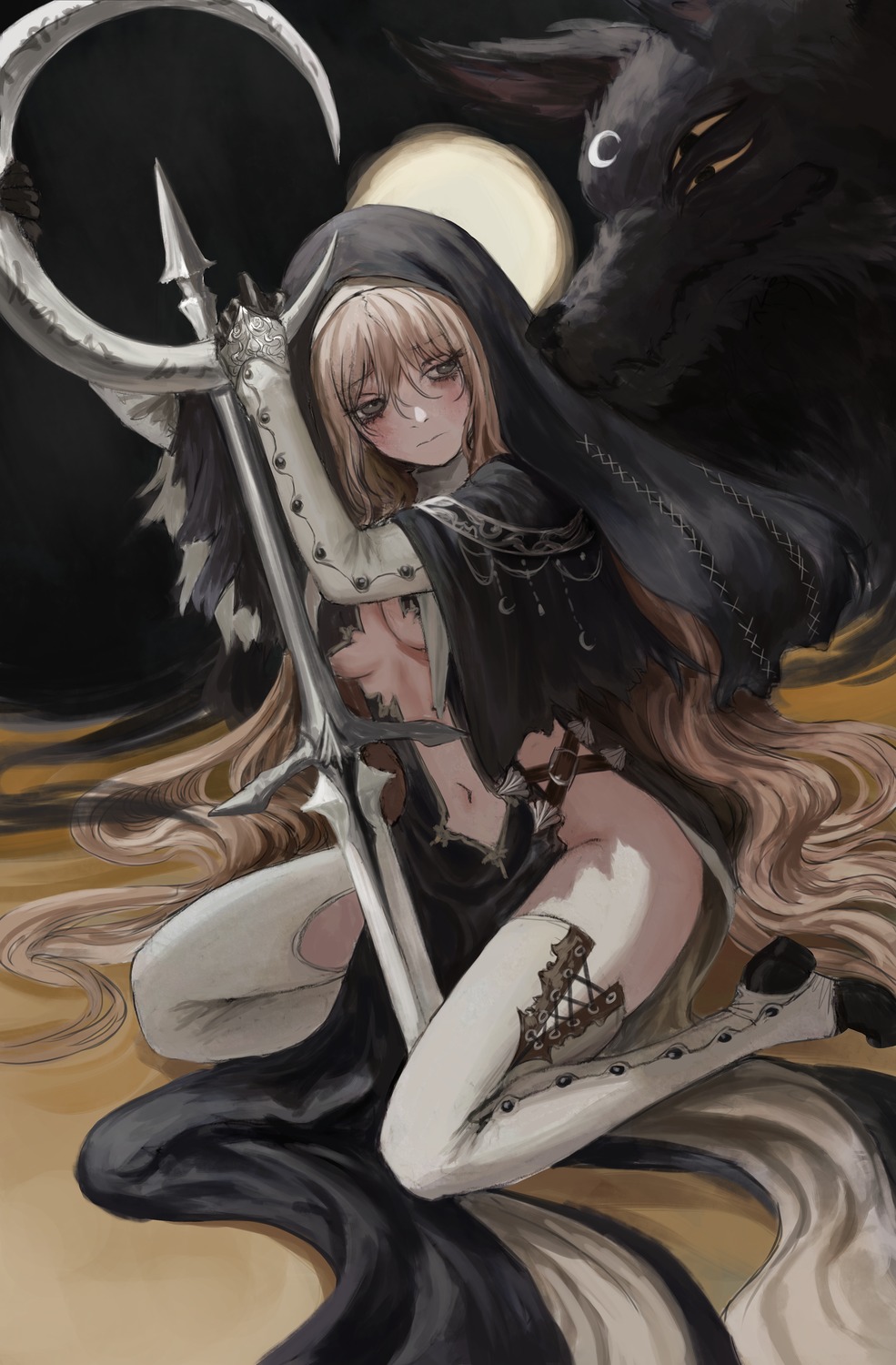 gold_can, no_bra, thighhighs, weapon