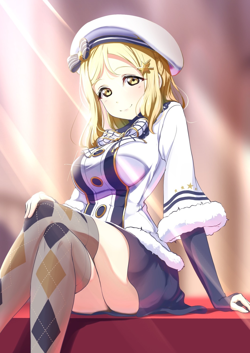 amagi_(volfuji), love_live!_(series), love_live!_sunshine!!, ohara_mari, skirt_lift, thighhighs, uniform