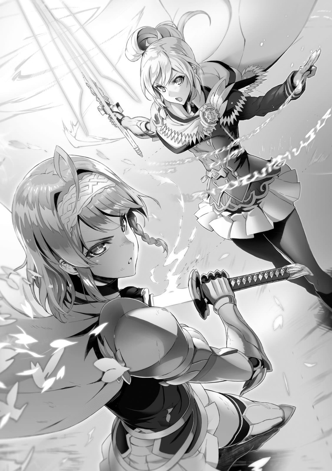 armor, monochrome, nonaka_kurumi, nonaka_yuki, ookuma_nekosuke, pantyhose, shinmai_maou_no_testament, skirt_lift