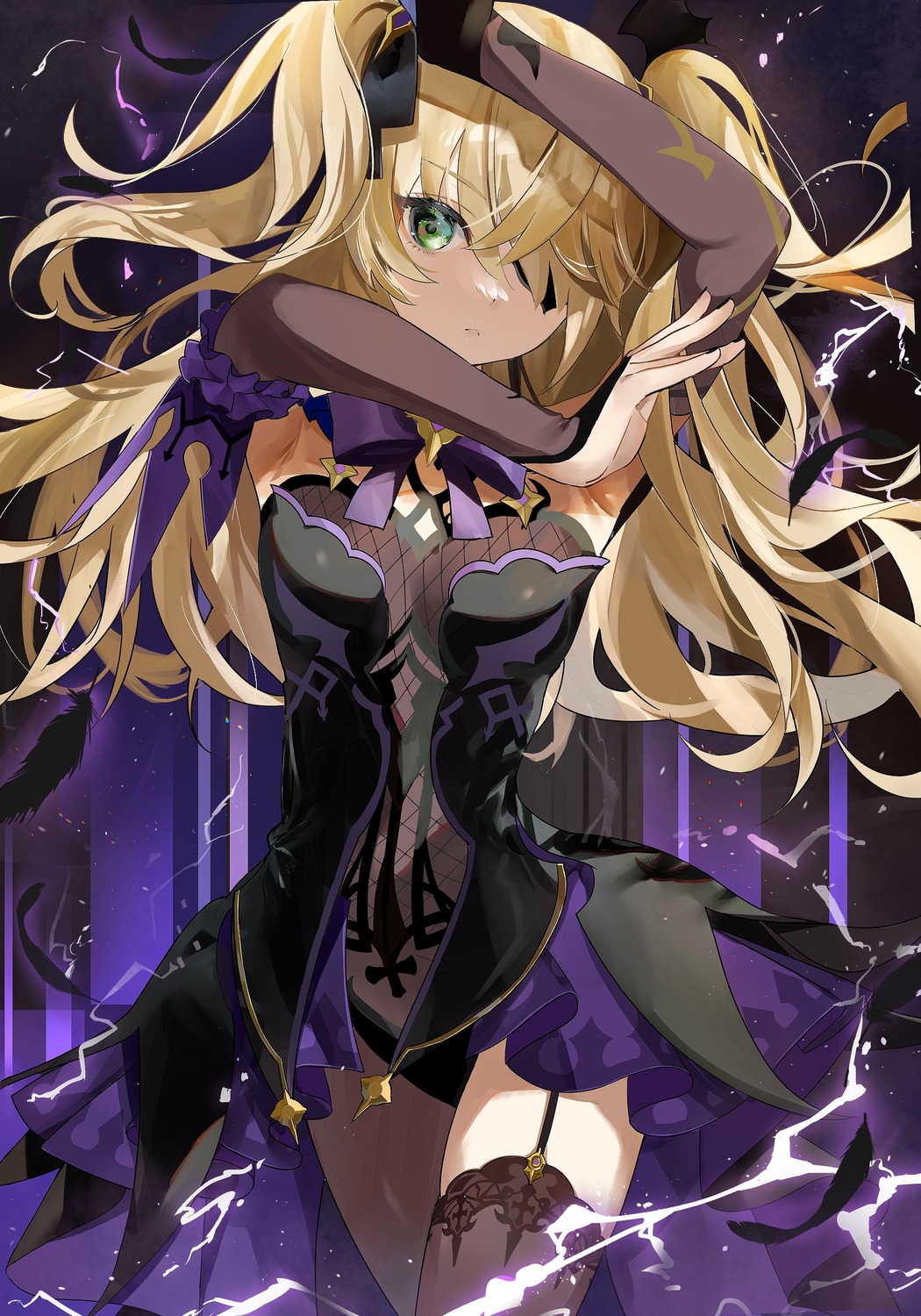 eyepatch, fischl, genshin_impact, mikanoisi, stockings, thighhighs