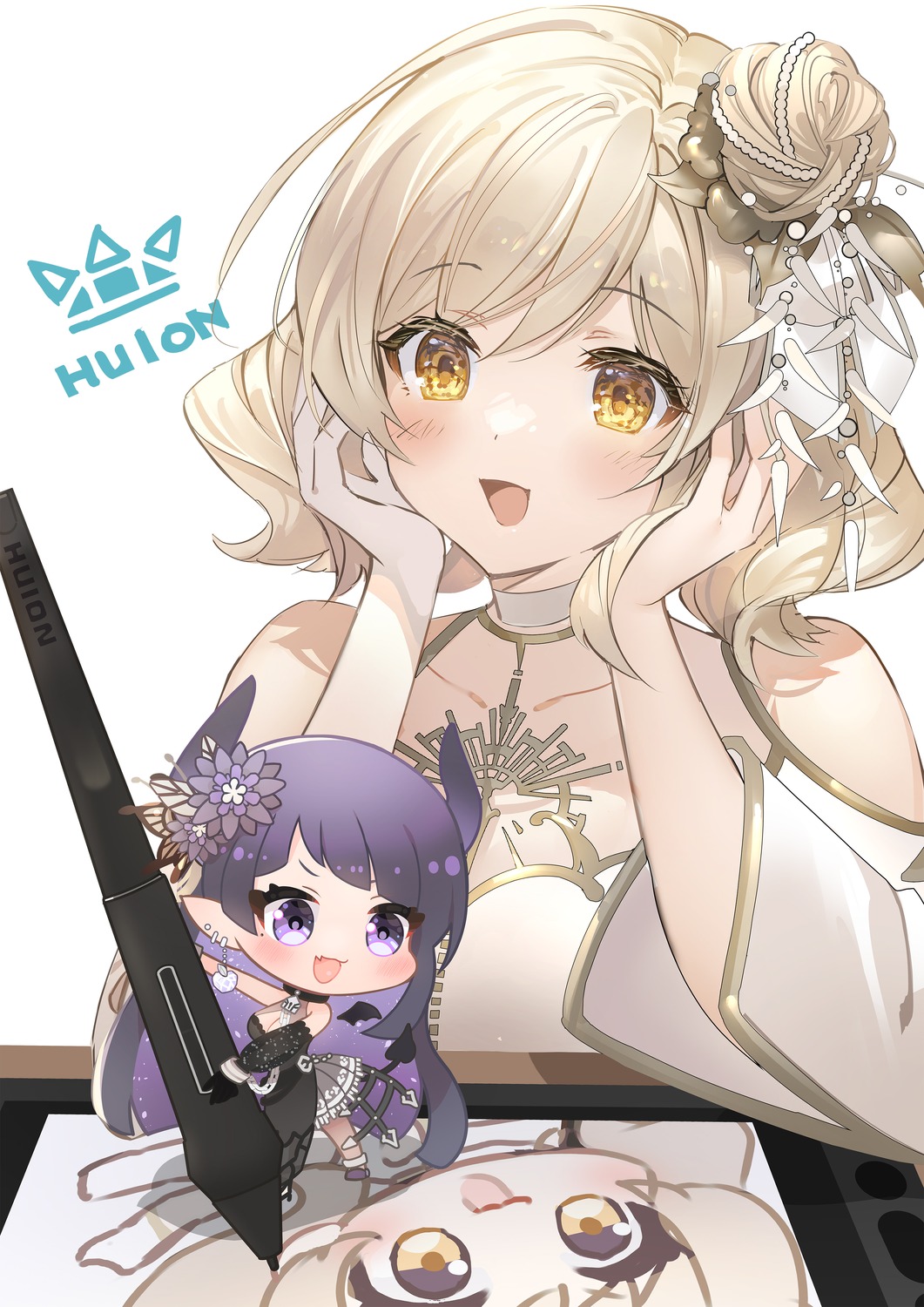chibi, cleavage, dress, horns, no_bra, noir_eku, pointy_ears, see_through
