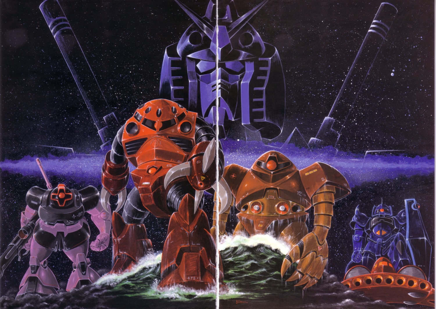 crease, gouf, gundam, mecha, mobile_suit_gundam, ms-09_dom, okawara_kunio, rx-78-2_gundam