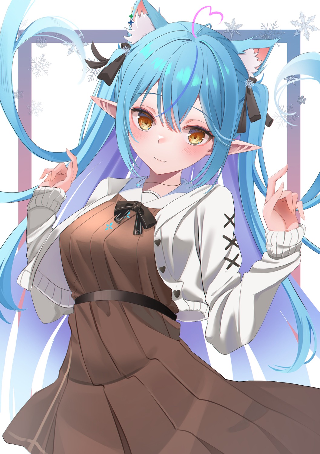 animal_ears, elf, hanamaru_tsubaki, hololive, nekomimi, pointy_ears, seifuku, sweater