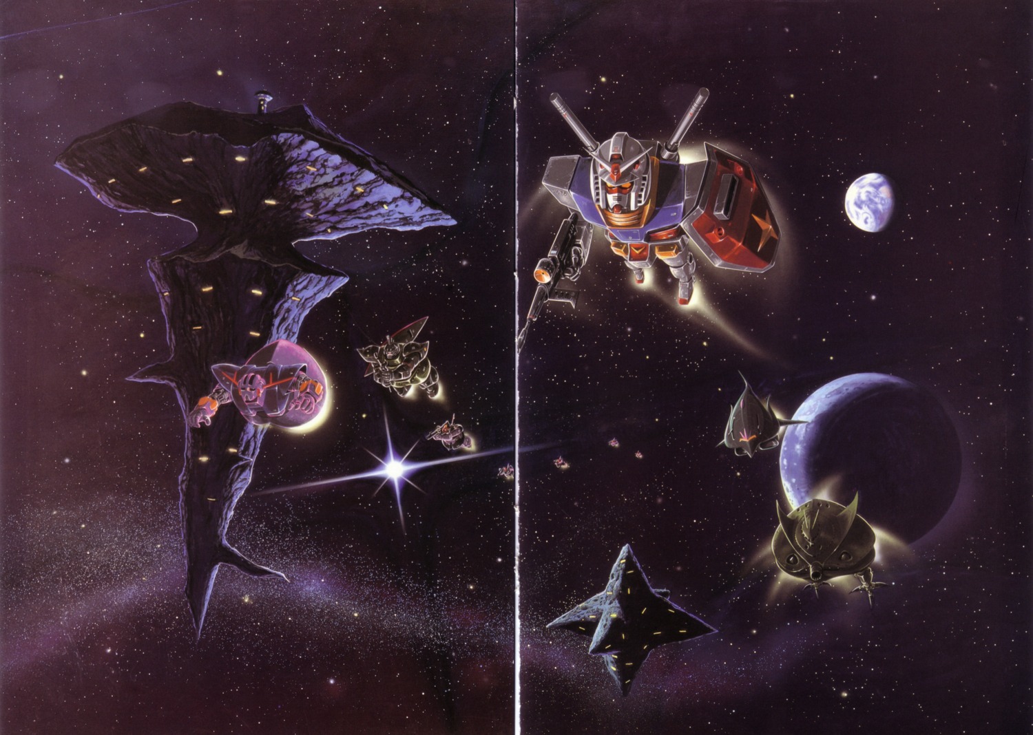 big_zam, crease, gundam, mecha, mobile_suit_gundam, ms-09_dom, okawara_kunio, rx-78-2_gundam