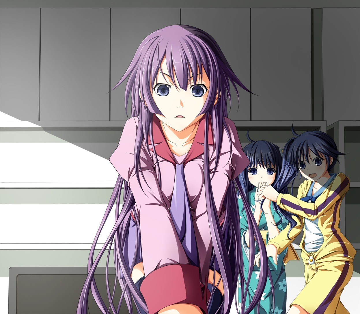 araragi_karen, araragi_tsukihi, bakemonogatari, kimono, monogatari_(series), nekoro, seifuku, senjougahara_hitagi